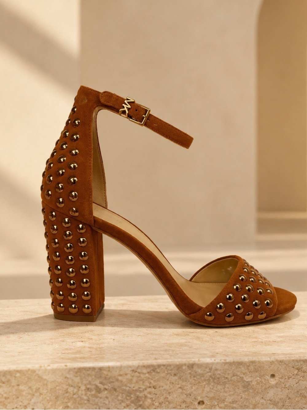 Michael Kors Brown Suede Studded Block Heel Sandal